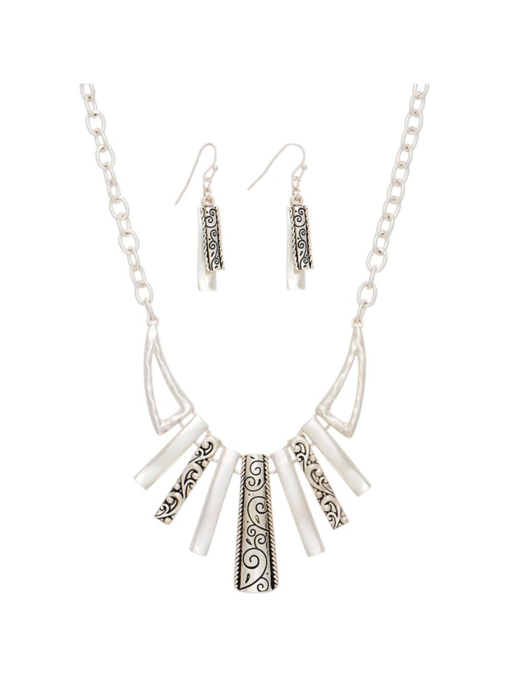 Silvertone Filigree Design Metal Bars Necklace Set